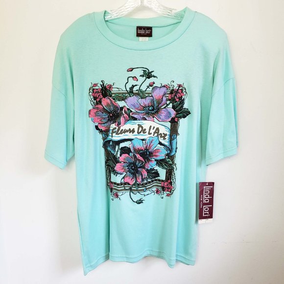 Linda Lori Women's Vintage 1992 Floral Sea Foam Scoop Neck Tee Shirt Top Blouse - Picture 13 of 13